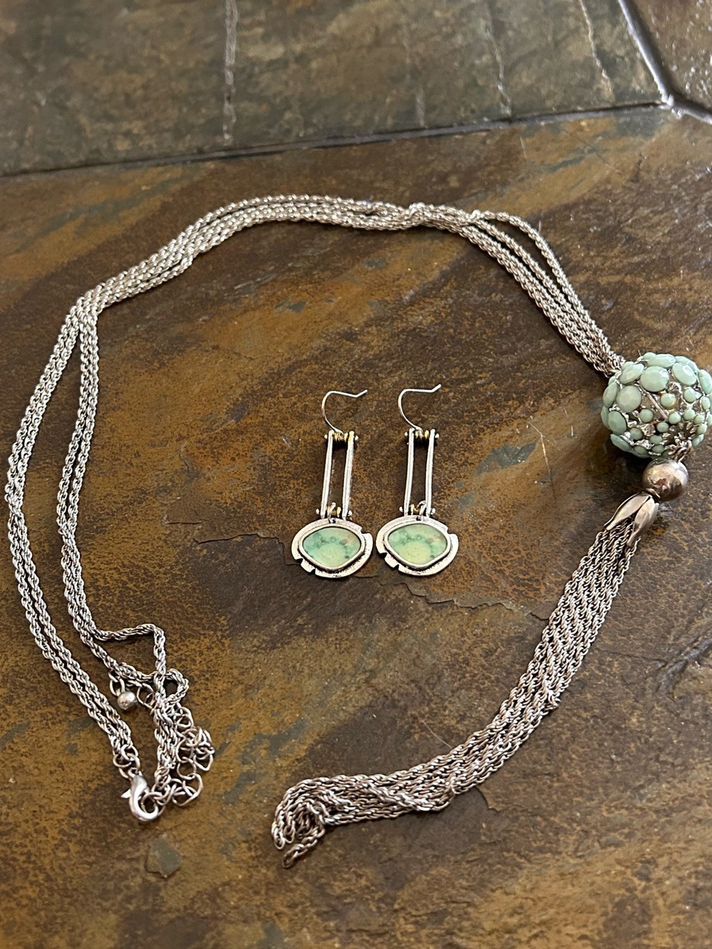 Vintage Silver Toned Multi-Strand Necklace w/Mint Green & Matching Drop Earrings